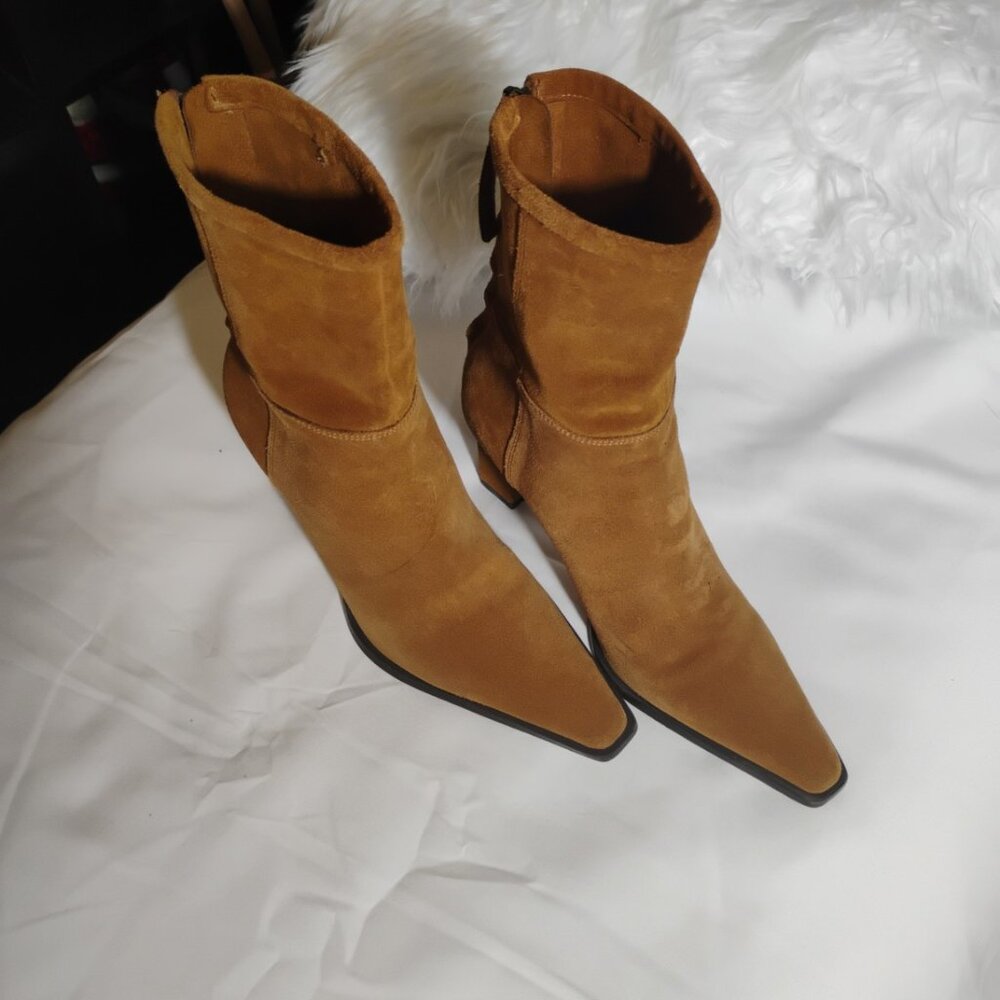 Zara Cognac Suede Pointed-Toe Ankle Boots